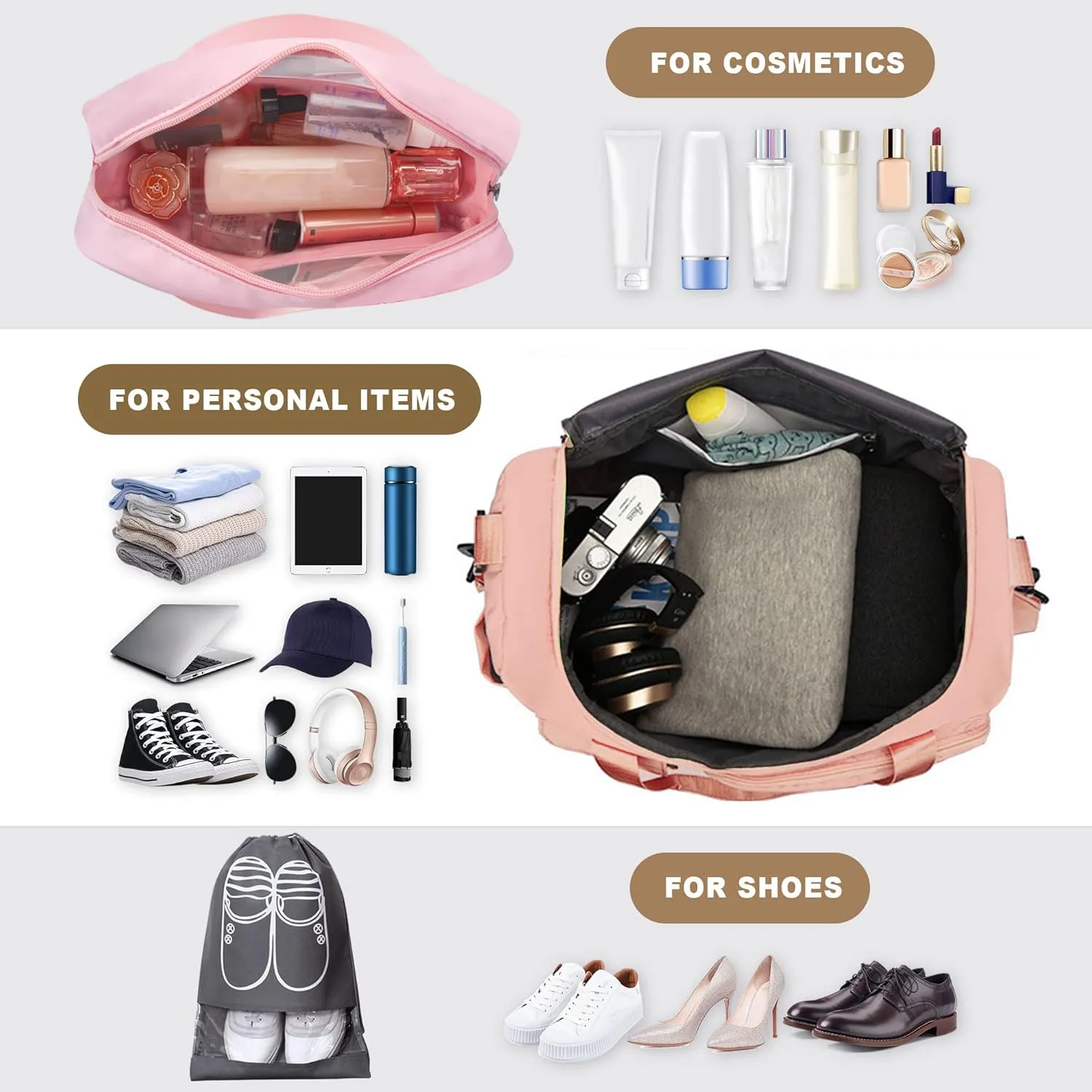 Large Weekender Overnight Bag with Shoes Compartment, Personal Tote for Women or Men, Waterproof Carry-on with Clear Cosmetic & Shoe Bags, 3Pcs Set (Pink)