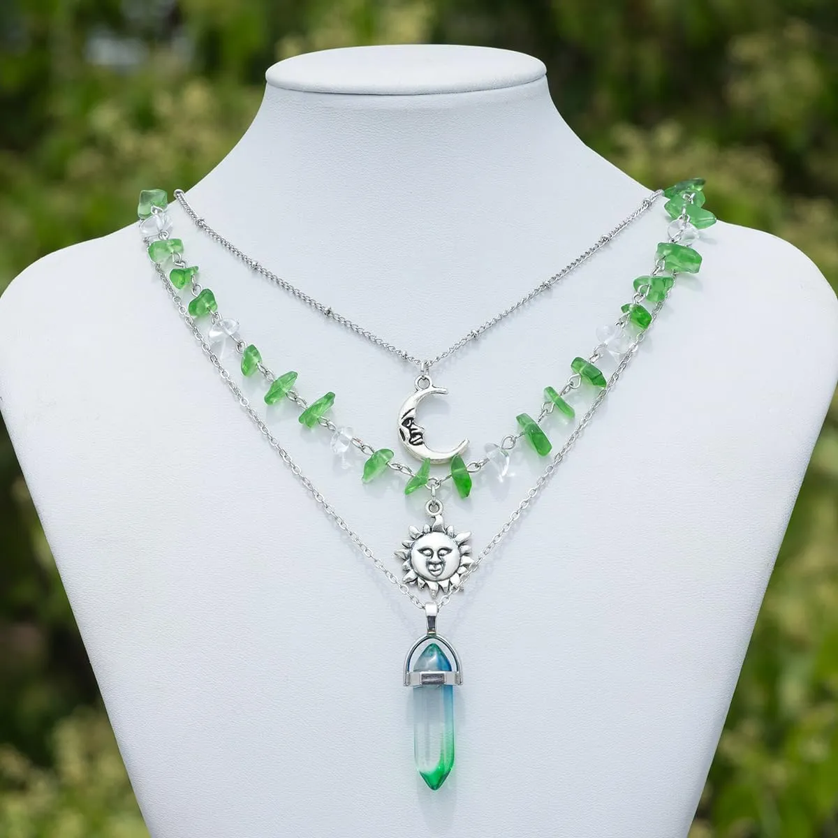 Layered Sun Necklace for Women Stacked Crystal Chain Necklace Pendant Hippie Boho Choker Jewelry