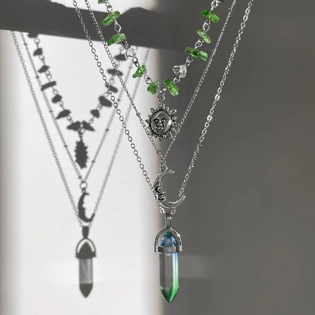 Layered Sun Necklace for Women Stacked Crystal Chain Necklace Pendant Hippie Boho Choker Jewelry