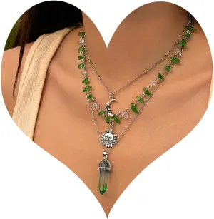 Layered Sun Necklace for Women Stacked Crystal Chain Necklace Pendant Hippie Boho Choker Jewelry