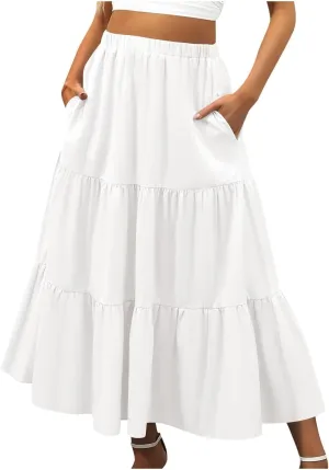Leather Skirt Plus Size Women S Summer Boho Elastic Waist Pleated A Line Flowy Swing Tiered Long Beach Skirt