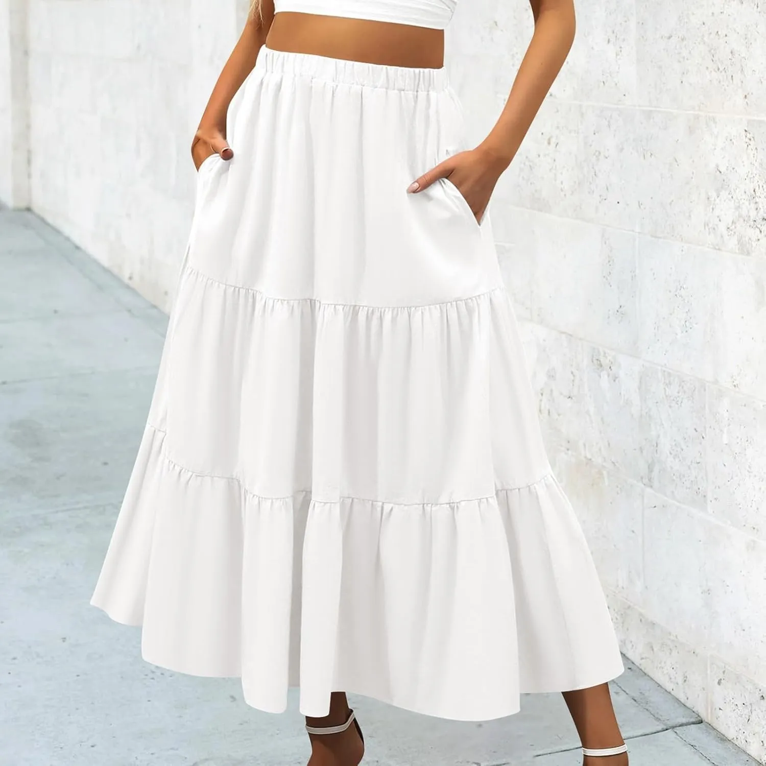 Leather Skirt Plus Size Women S Summer Boho Elastic Waist Pleated A Line Flowy Swing Tiered Long Beach Skirt