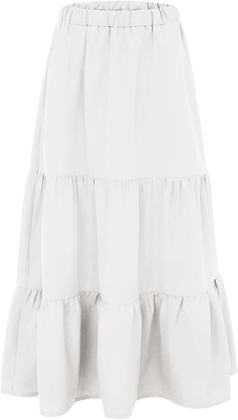 Leather Skirt Plus Size Women S Summer Boho Elastic Waist Pleated A Line Flowy Swing Tiered Long Beach Skirt