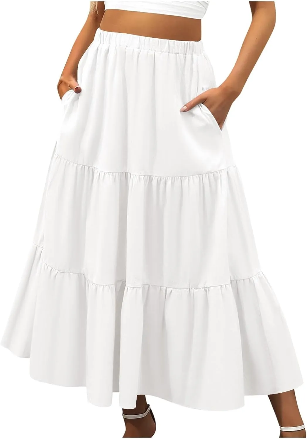 Leather Skirt Plus Size Women S Summer Boho Elastic Waist Pleated A Line Flowy Swing Tiered Long Beach Skirt