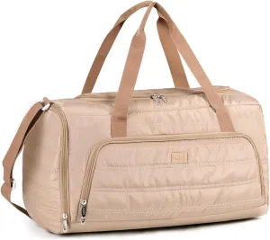 Lekebobor Gym Bag for Women, Puffer Travel Duffel Bag With Shoes Compartment & Shoulder Strap, Carry On Duffle Bag For Weekender, Travel, Sport (Camel)
