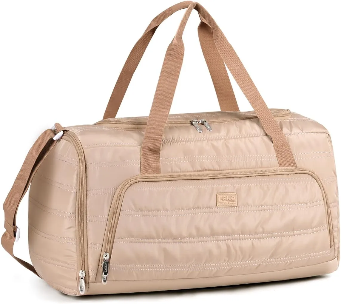 Lekebobor Gym Bag for Women, Puffer Travel Duffel Bag With Shoes Compartment & Shoulder Strap, Carry On Duffle Bag For Weekender, Travel, Sport (Camel)