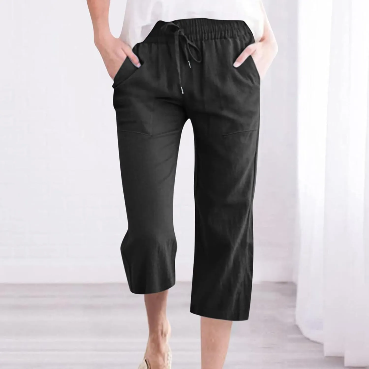 Linen Capri Pants for Women Casual 2024 Summer Drawstring Elastic High Waist Pant Wide Leg Cropped Trouser with Pockets