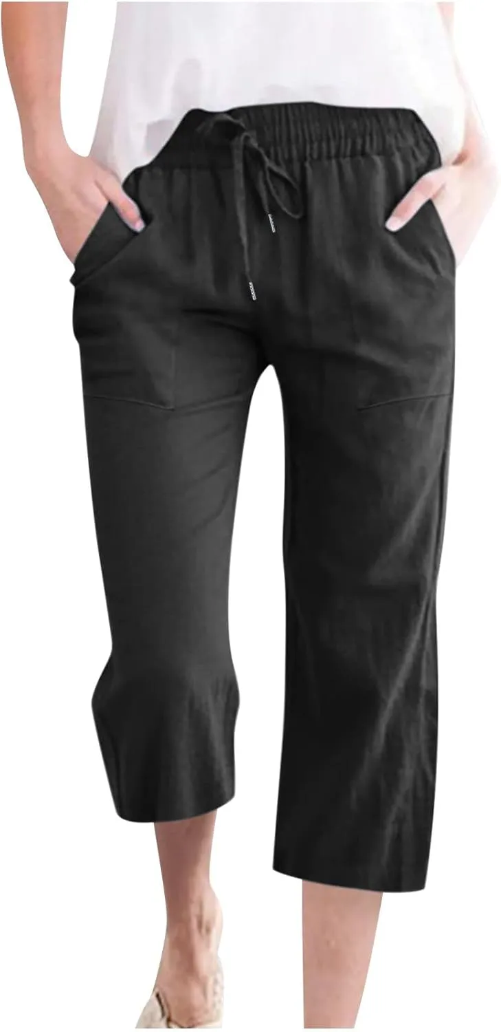 Linen Capri Pants for Women Casual 2024 Summer Drawstring Elastic High Waist Pant Wide Leg Cropped Trouser with Pockets