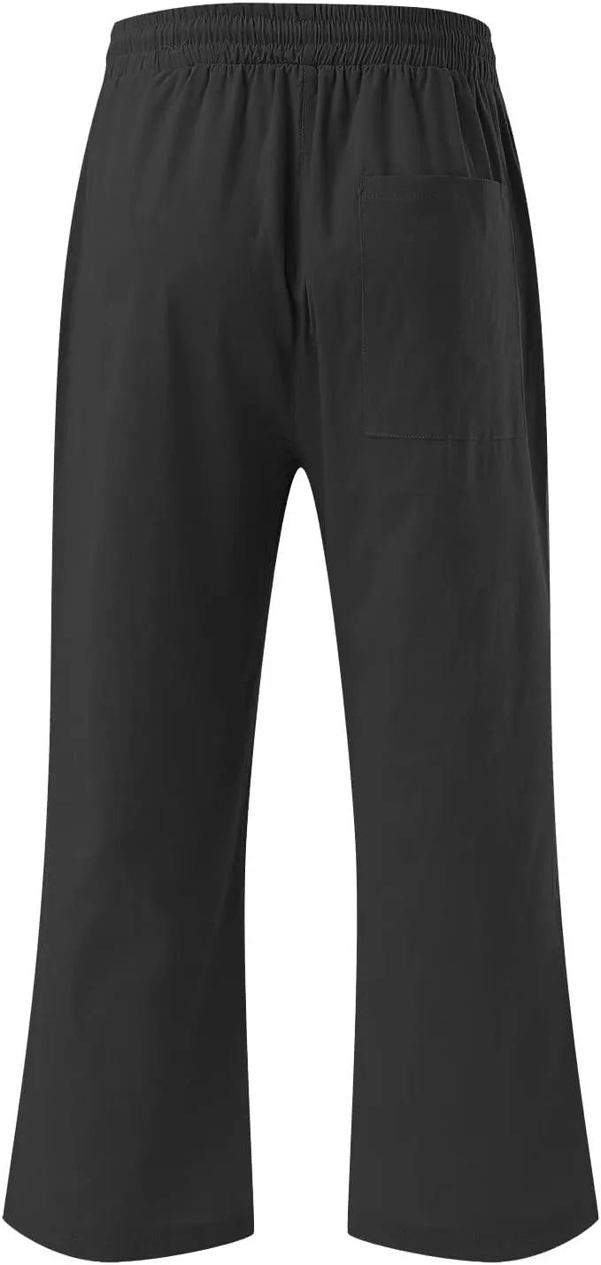 Linen Capri Pants for Women Casual 2024 Summer Drawstring Elastic High Waist Pant Wide Leg Cropped Trouser with Pockets