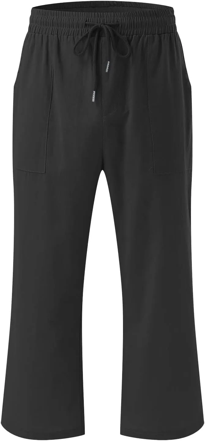 Linen Capri Pants for Women Casual 2024 Summer Drawstring Elastic High Waist Pant Wide Leg Cropped Trouser with Pockets