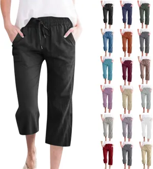 Linen Capri Pants for Women Casual 2024 Summer Drawstring Elastic High Waist Pant Wide Leg Cropped Trouser with Pockets