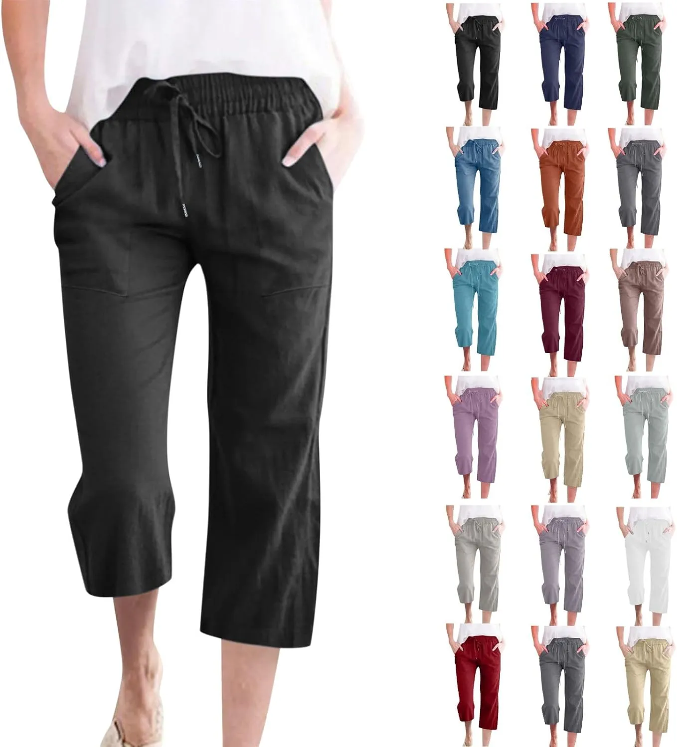 Linen Capri Pants for Women Casual 2024 Summer Drawstring Elastic High Waist Pant Wide Leg Cropped Trouser with Pockets