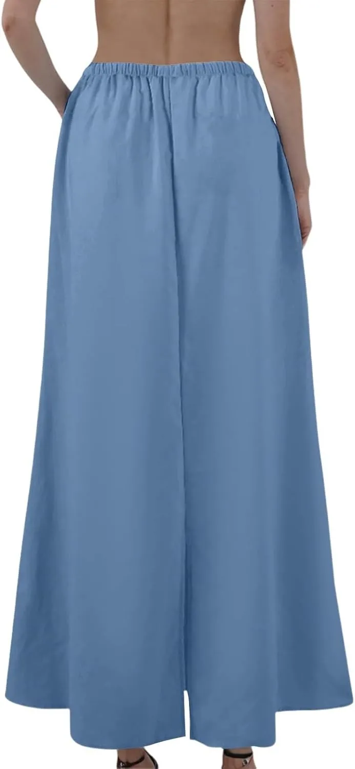 Linen Maxi Skirts for Women 2025 Boho Summer Skirt Casual Drawstring Elastic Waist A Line Long Flowy Fishtail Skirt