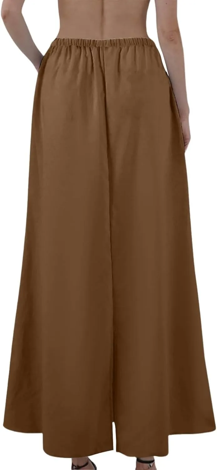 Linen Maxi Skirts for Women 2025 Boho Summer Skirt Casual Drawstring Elastic Waist A Line Long Flowy Fishtail Skirt