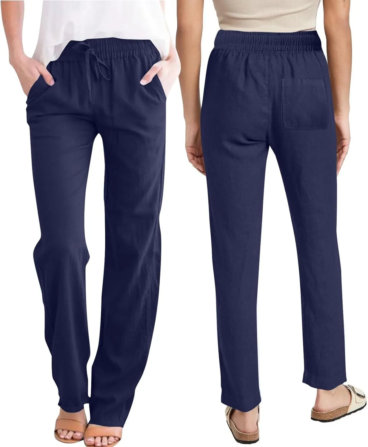 Linen Pants for Women Summer 2025 Drawstring Elastic Waist Pants High Waisted Wide Leg Pants Trousers with Pockets