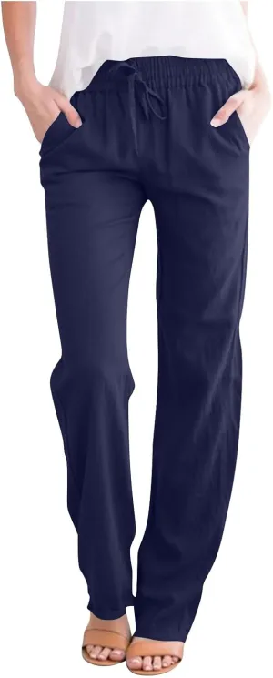 Linen Pants for Women Summer 2025 Drawstring Elastic Waist Pants High Waisted Wide Leg Pants Trousers with Pockets