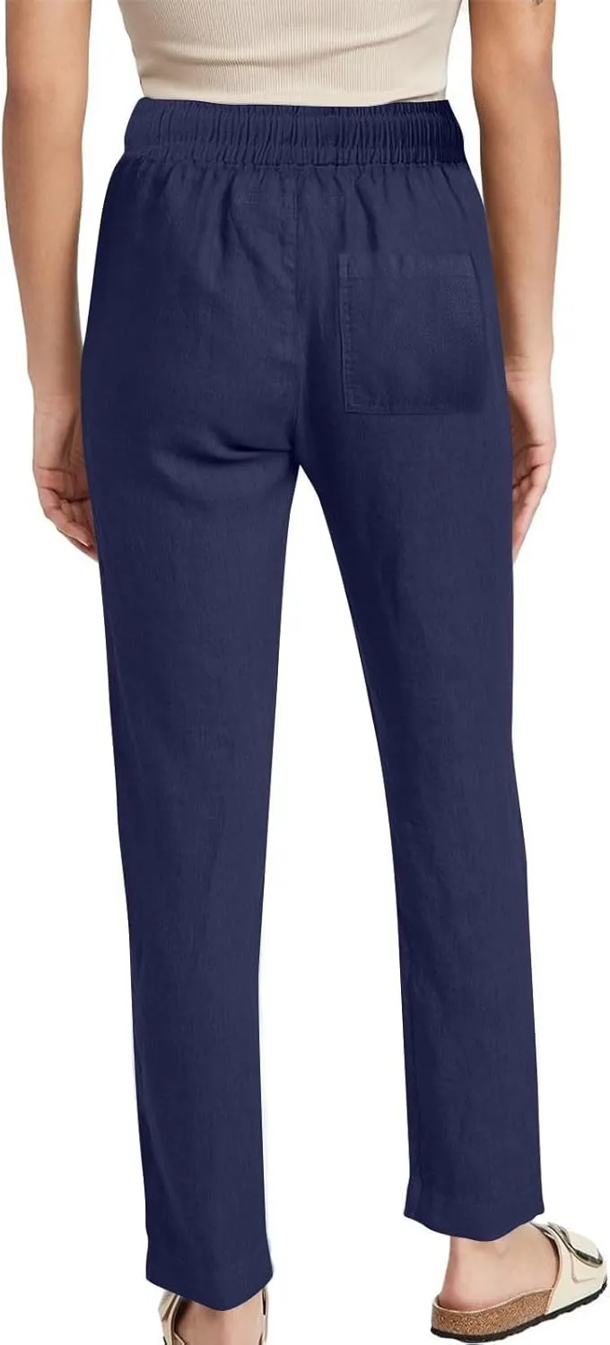 Linen Pants for Women Summer 2025 Drawstring Elastic Waist Pants High Waisted Wide Leg Pants Trousers with Pockets
