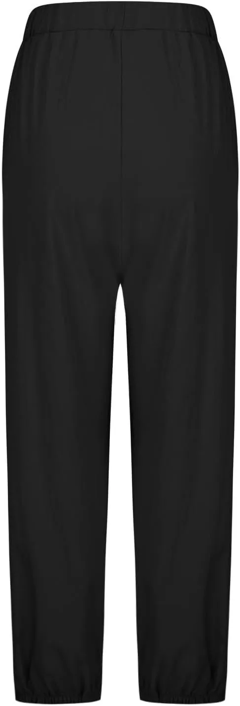 Linen Pants Women Drawstring Capri Pants Summer Casual High Waist Pants Button Slit Trousers Baggy Slacks with Pocket