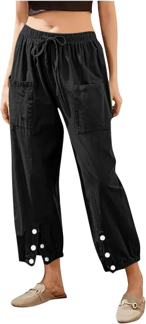 Linen Pants Women Drawstring Capri Pants Summer Casual High Waist Pants Button Slit Trousers Baggy Slacks with Pocket