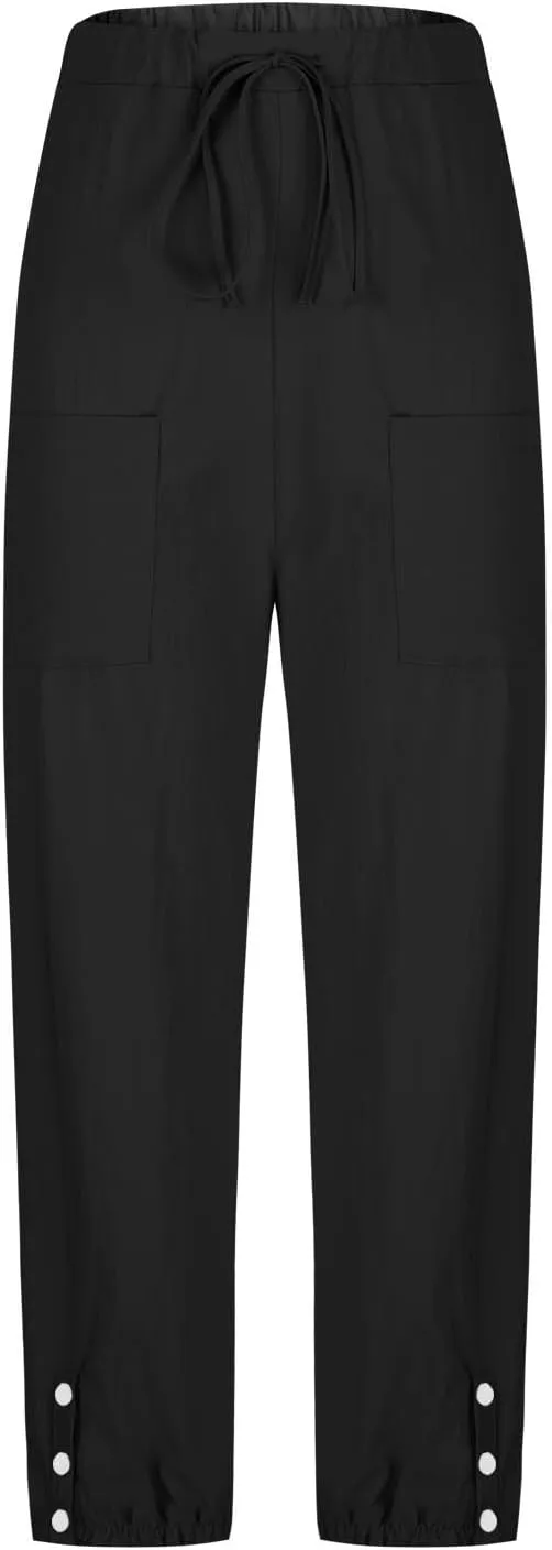 Linen Pants Women Drawstring Capri Pants Summer Casual High Waist Pants Button Slit Trousers Baggy Slacks with Pocket