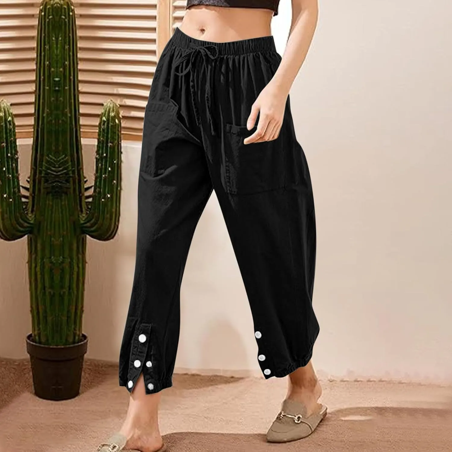 Linen Pants Women Drawstring Capri Pants Summer Casual High Waist Pants Button Slit Trousers Baggy Slacks with Pocket