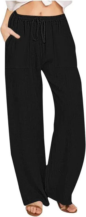 Linen Pants Women High Waisted Wide Leg Pants Drawstring Loose Fit Summer Trousers Beach Resort Wear 2025