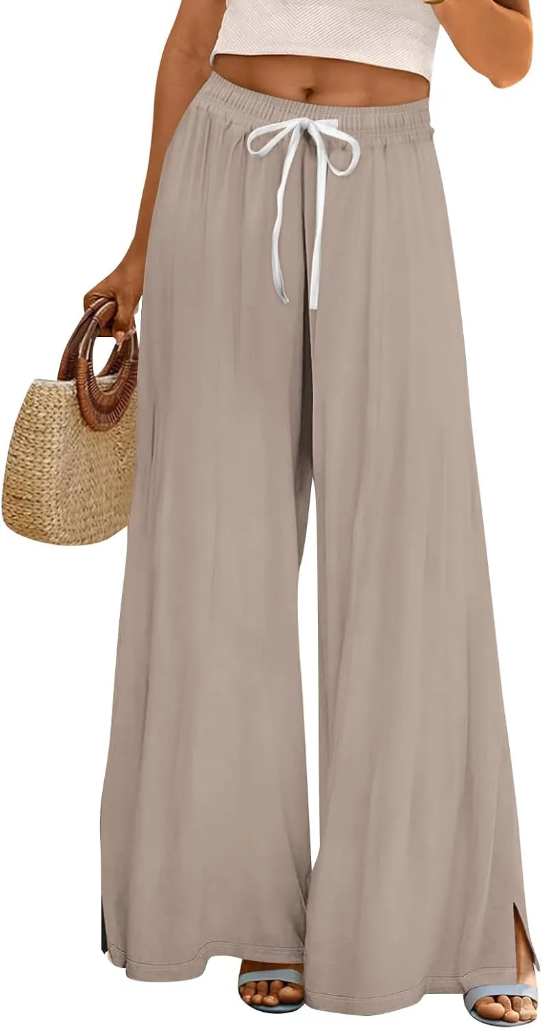 Linen Pants Women High Waisted Wide Leg Pants Drawstring Palazzo Lounge Pant Summer Beach Vacation Trousers