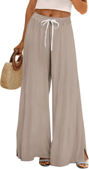 Linen Pants Women High Waisted Wide Leg Pants Drawstring Palazzo Lounge Pant Summer Beach Vacation Trousers