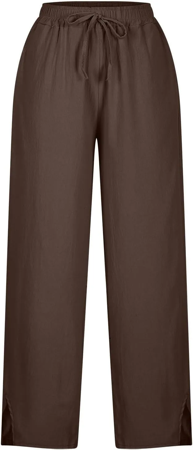 Linen Pants Women Summer Beach Elastic High Waist Lounge Pant Straight Leg Casual Loose Lightweight Fashion Trousers