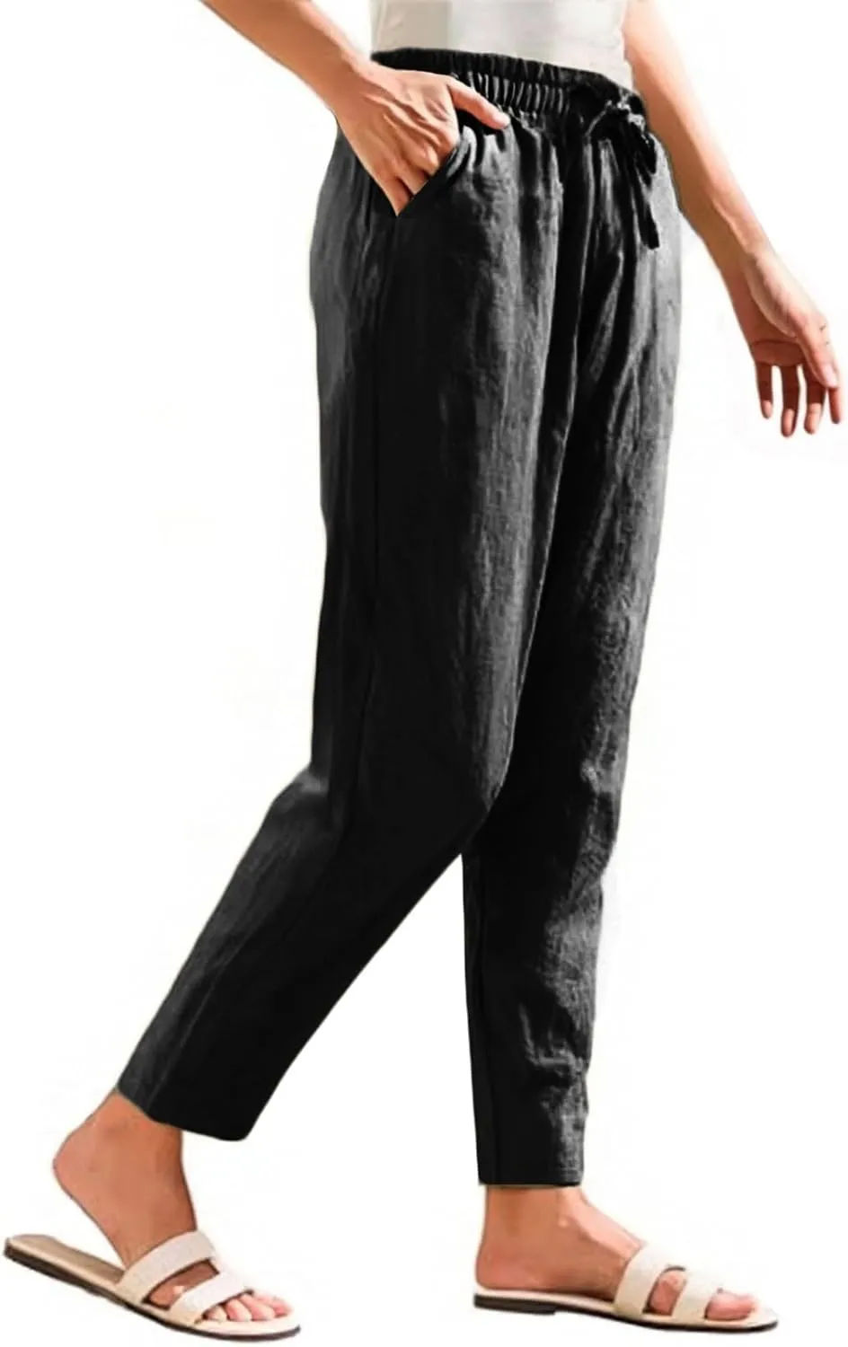 Linen Pants Women Summer Casual High Waisted Straight Leg Beach Pants Drawstring Pants Trousers with Pockets