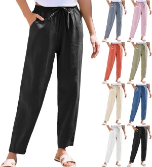 Linen Pants Women Summer Casual High Waisted Straight Leg Beach Pants Drawstring Pants Trousers with Pockets