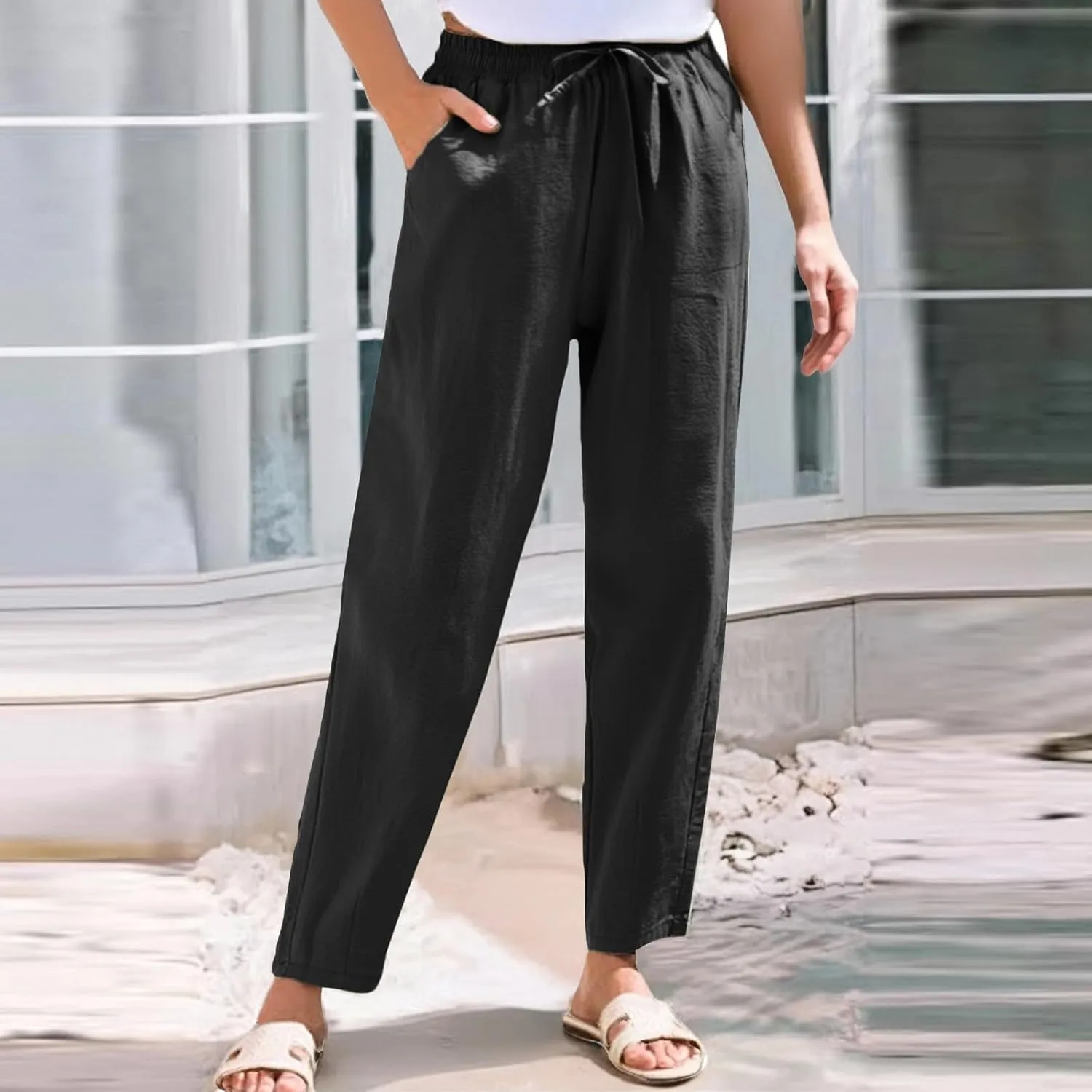 Linen Pants Women Summer Casual High Waisted Straight Leg Beach Pants Drawstring Pants Trousers with Pockets