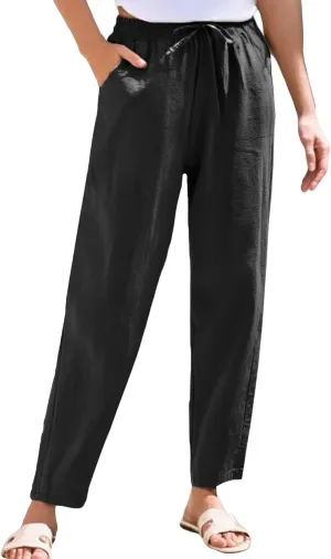 Linen Pants Women Summer Straight Leg Drawstring Palazzo Pants High Elastic Waist Trousers with Pockets