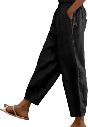 Linen Pants Women Summer Wide Leg Pant Drawstring Elastic Waist Pants High Waisted Lounge Beach Trousers with Pocket