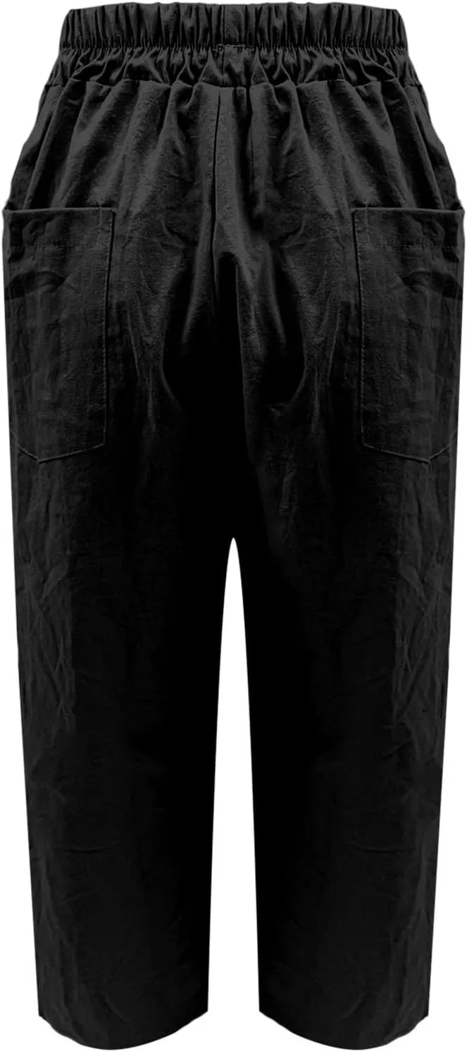Linen Pants Women Summer Wide Leg Pant Drawstring Elastic Waist Pants High Waisted Lounge Beach Trousers with Pocket