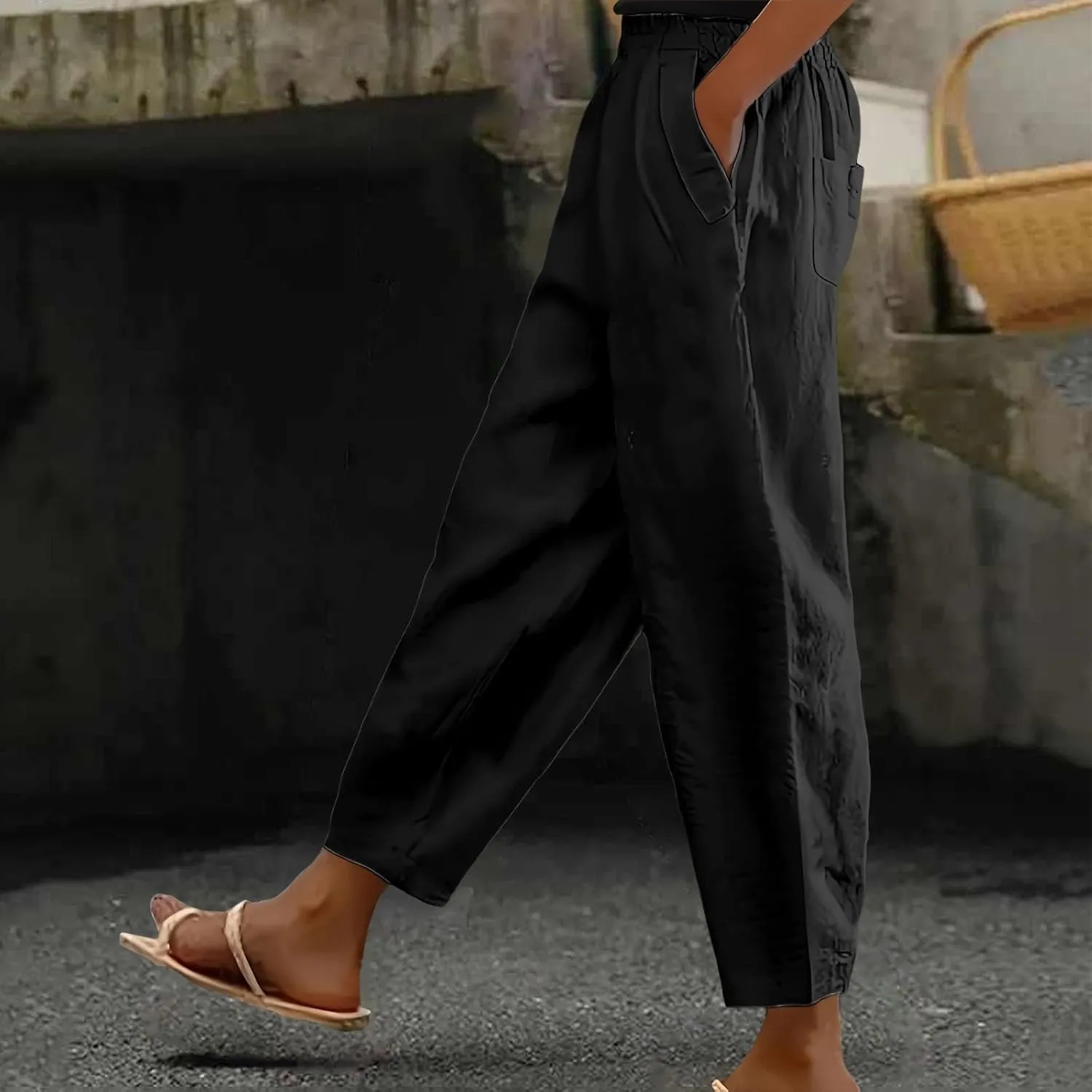Linen Pants Women Summer Wide Leg Pant Drawstring Elastic Waist Pants High Waisted Lounge Beach Trousers with Pocket