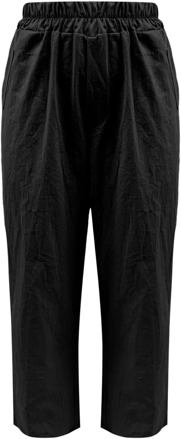 Linen Pants Women Summer Wide Leg Pant Drawstring Elastic Waist Pants High Waisted Lounge Beach Trousers with Pocket