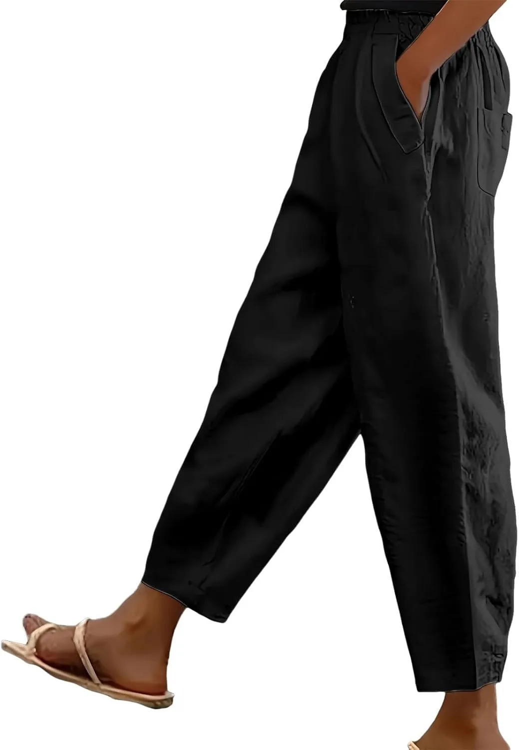 Linen Pants Women Summer Wide Leg Pant Drawstring Elastic Waist Pants High Waisted Lounge Beach Trousers with Pocket