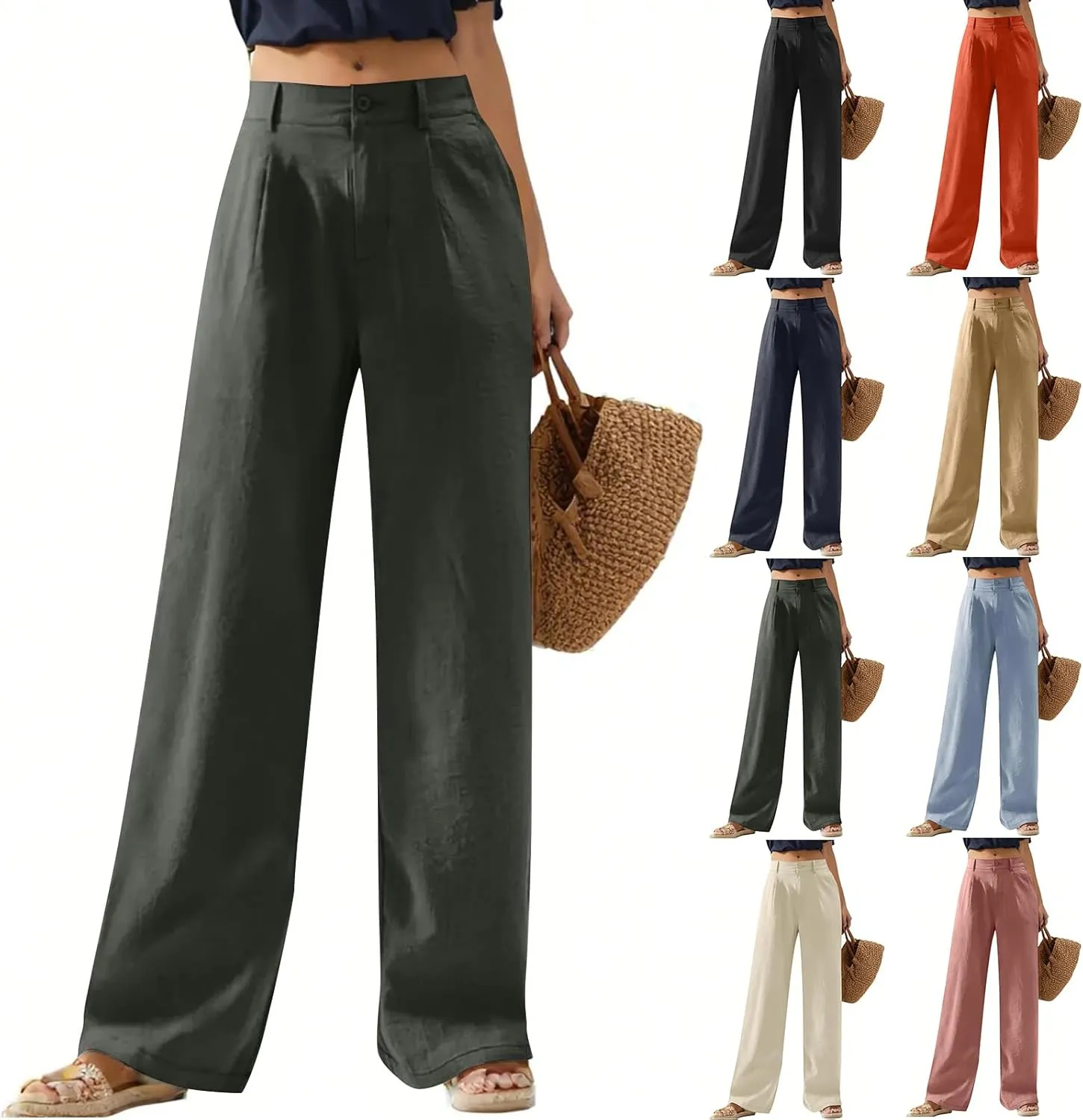 Linen Wide Leg Pants for Women Business Casual High Waisted Dress Pants Office Work Pants Straight Trousers w/Pockets