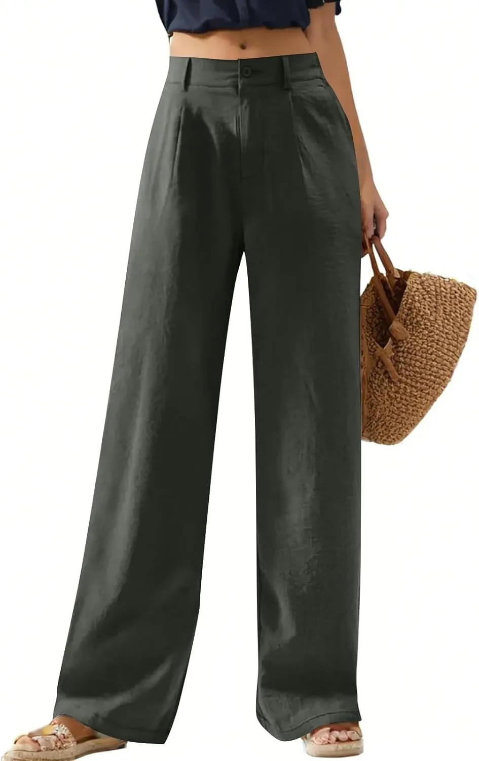 Linen Wide Leg Pants for Women Business Casual High Waisted Dress Pants Office Work Pants Straight Trousers w/Pockets