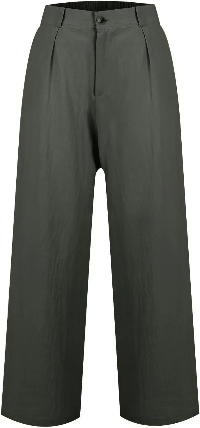 Linen Wide Leg Pants for Women Business Casual High Waisted Dress Pants Office Work Pants Straight Trousers w/Pockets