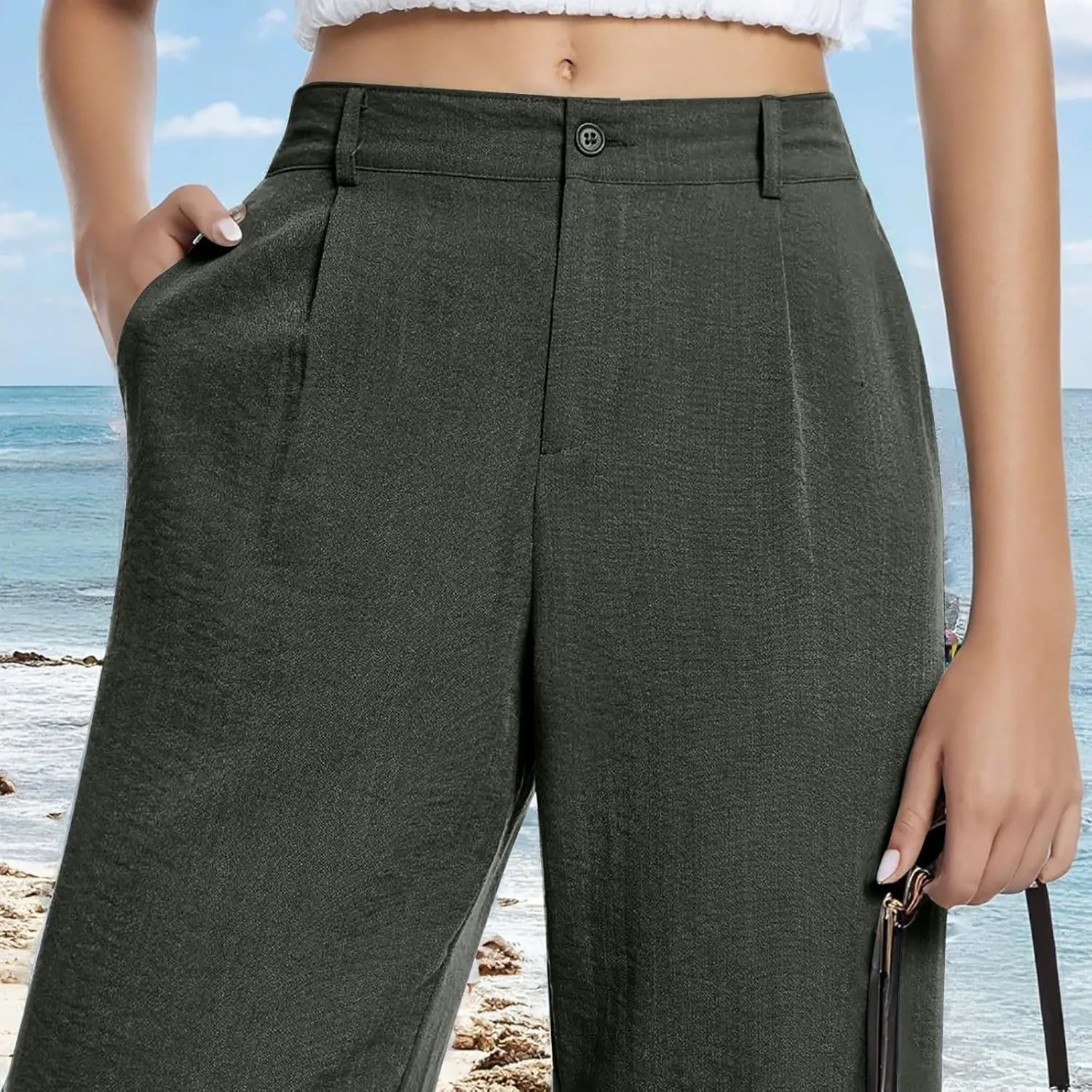 Linen Wide Leg Pants for Women Business Casual High Waisted Dress Pants Office Work Pants Straight Trousers w/Pockets
