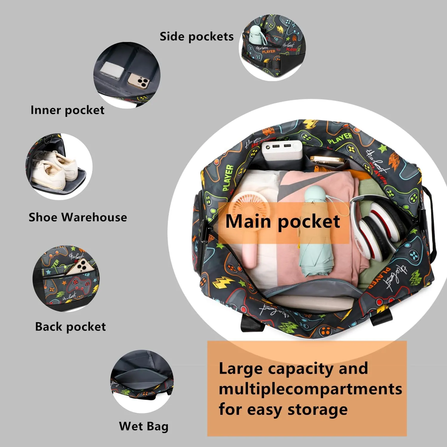 Lmwzh Kids Duffle Bag For Boys Perfect For Early Elementary Overnight Travel Bag With Shoes Compartment Dry And Wet Pocket Carry On Weekender Bag (Game)