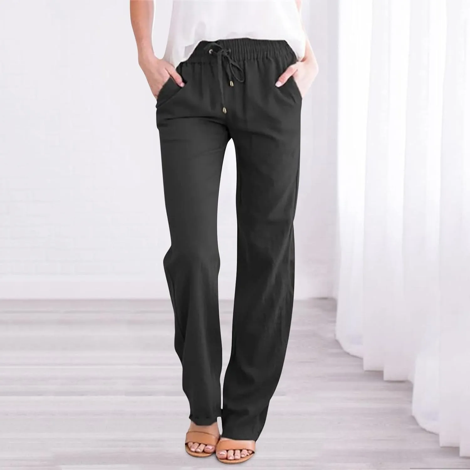 Long Lounge Pants for Women Drawstring Straight Leg Casual Pant Cotton Linen Cropped Pant Elastic Yoga Trousers with Pocket