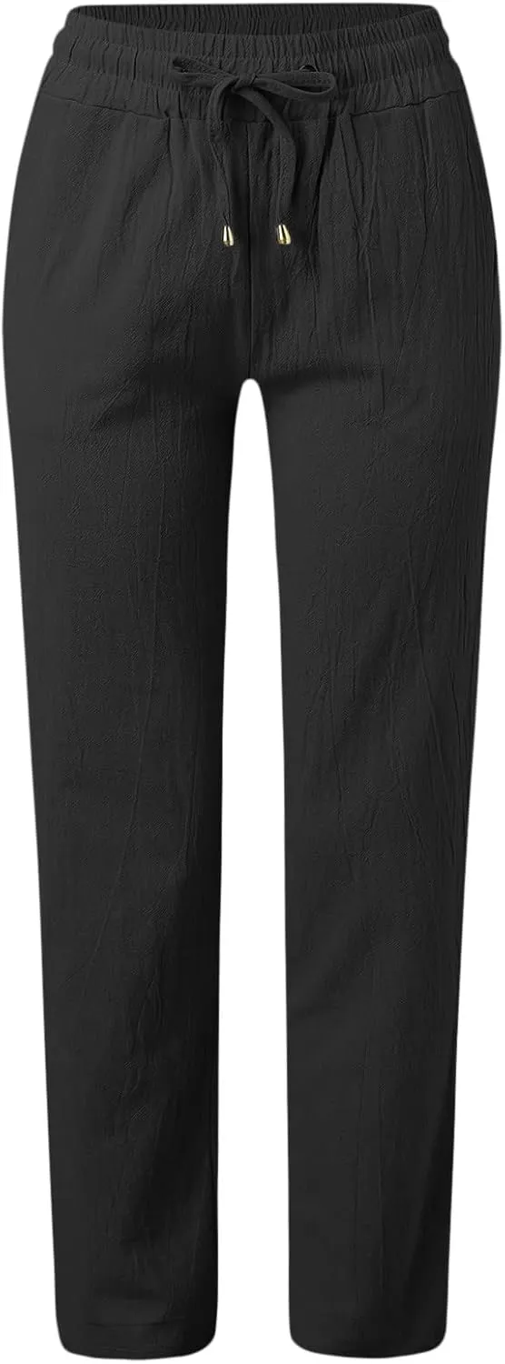 Long Lounge Pants for Women Drawstring Straight Leg Casual Pant Cotton Linen Cropped Pant Elastic Yoga Trousers with Pocket