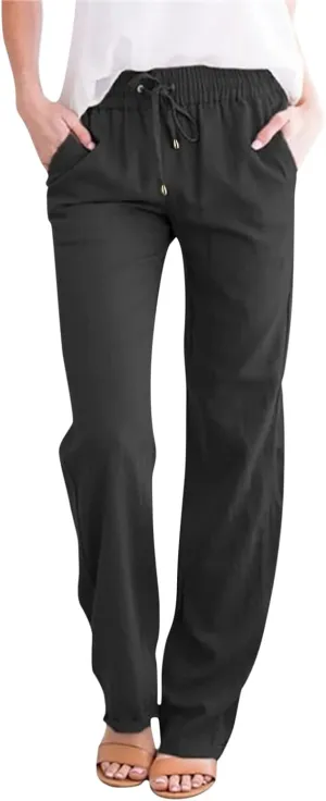 Long Lounge Pants for Women Drawstring Straight Leg Casual Pant Cotton Linen Cropped Pant Elastic Yoga Trousers with Pocket