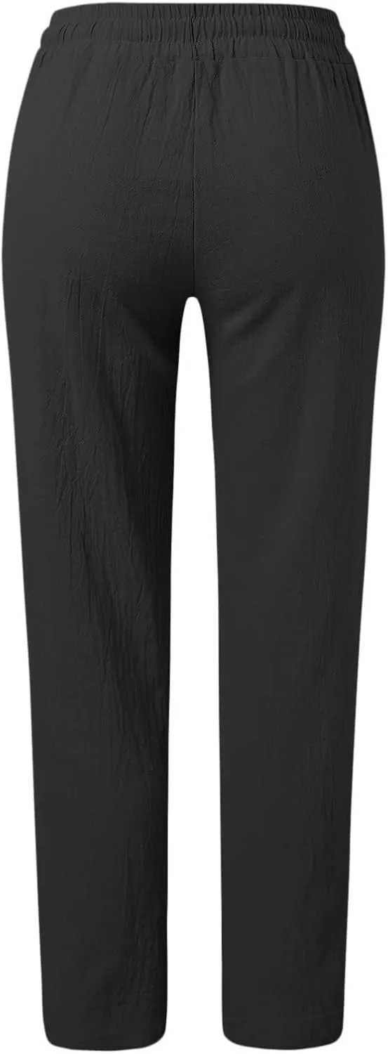 Long Lounge Pants for Women Drawstring Straight Leg Casual Pant Cotton Linen Cropped Pant Elastic Yoga Trousers with Pocket