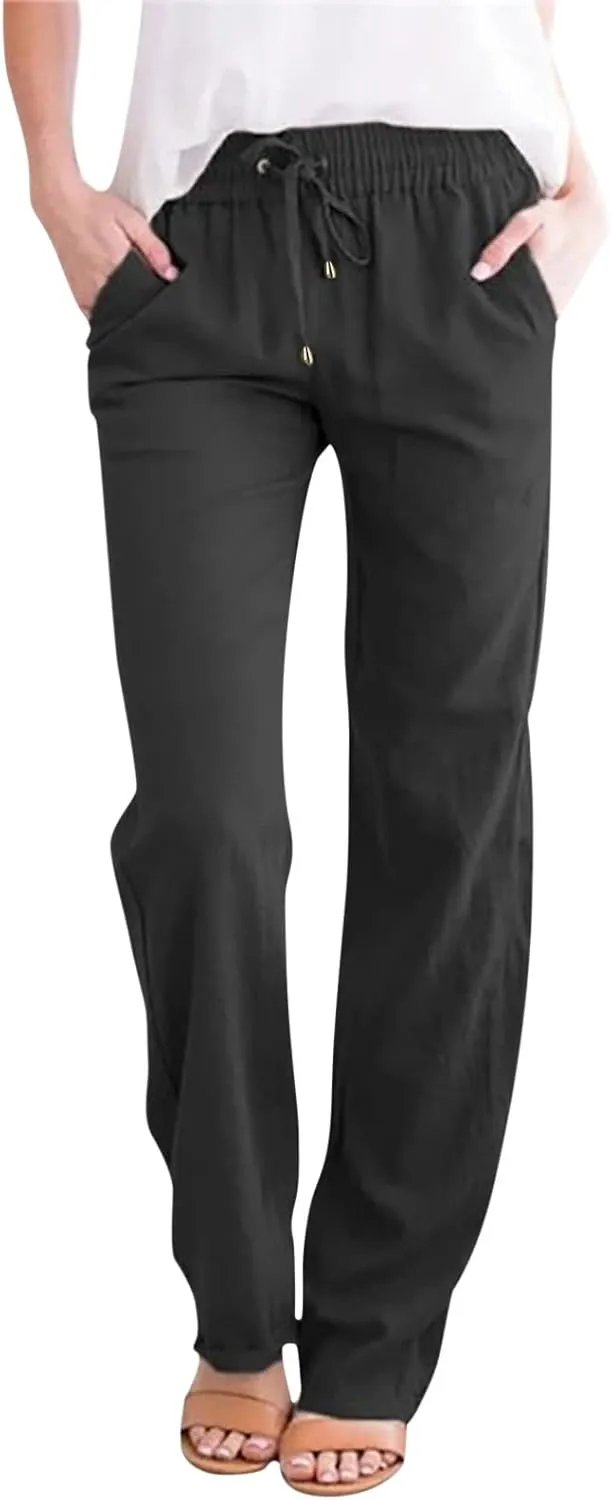Long Lounge Pants for Women Drawstring Straight Leg Casual Pant Cotton Linen Cropped Pant Elastic Yoga Trousers with Pocket