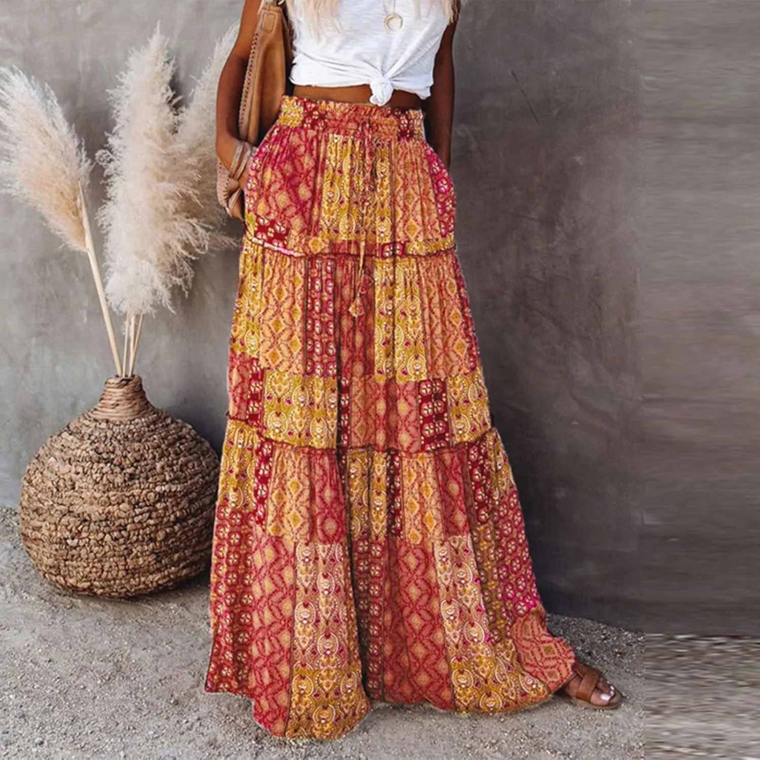 Long Skirt,Elastic High Waisted Linen Flowy Skirts for Women 2025 Summer Womens Boho Maxi Skirt with Pockets
