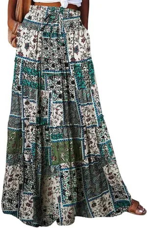 Long Skirt,Elastic High Waisted Linen Flowy Skirts for Women 2025 Summer Womens Boho Maxi Skirt with Pockets